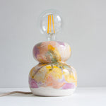 handmade ceramic purple, blue, peach and yellow table lamp