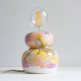 handmade ceramic purple, blue, peach and yellow table lamp