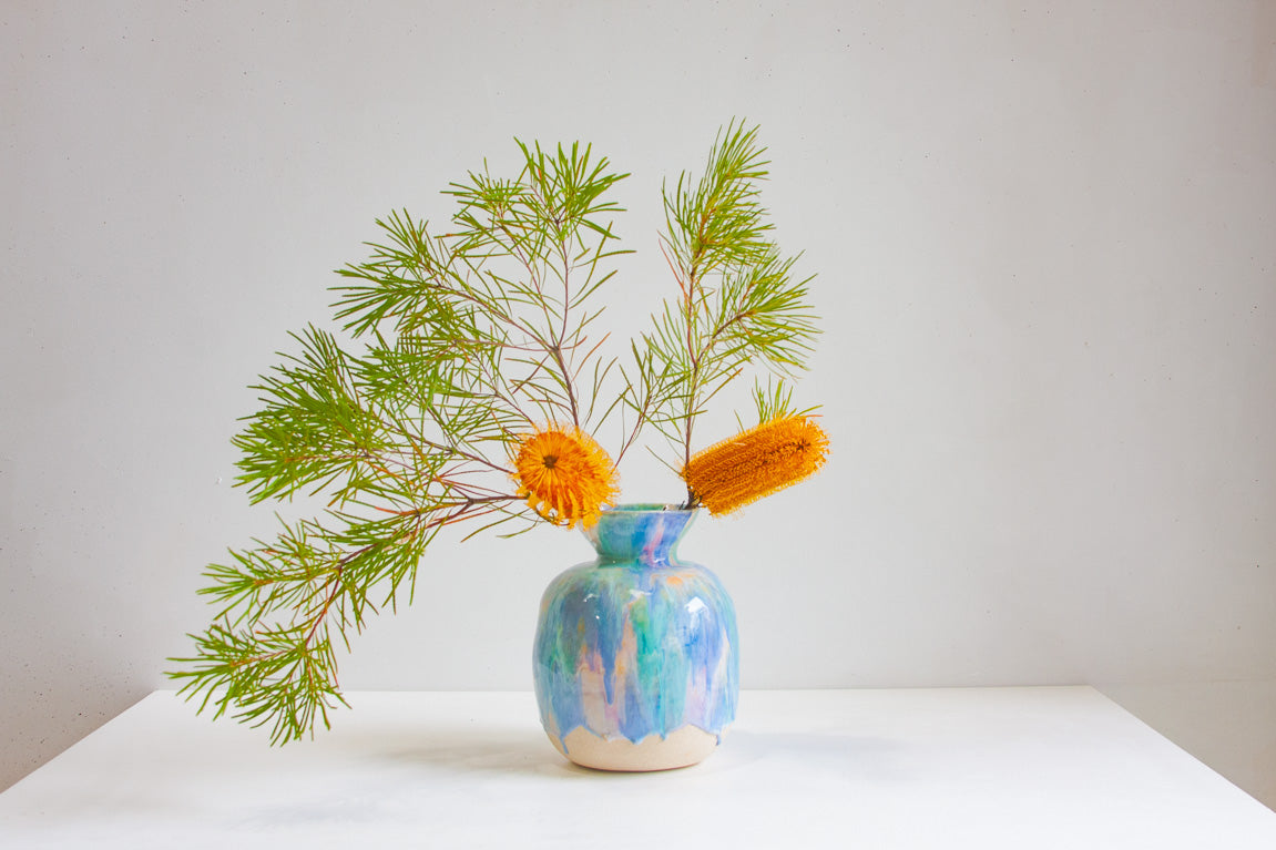 handmade formed by hand blue, green and purple large ceramic vase