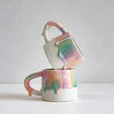 handmade ceramic purple, peach and green mug