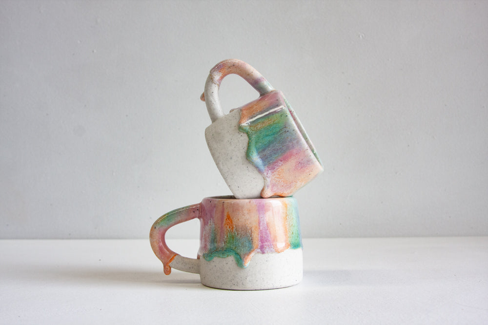 handmade ceramic purple, peach and green mug