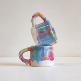 handmade ceramic pink, blue, green and orange mug