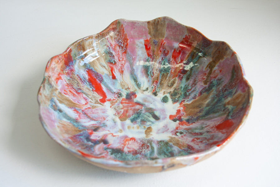 handmade ceramic orange, pink and blue large fruit bowl