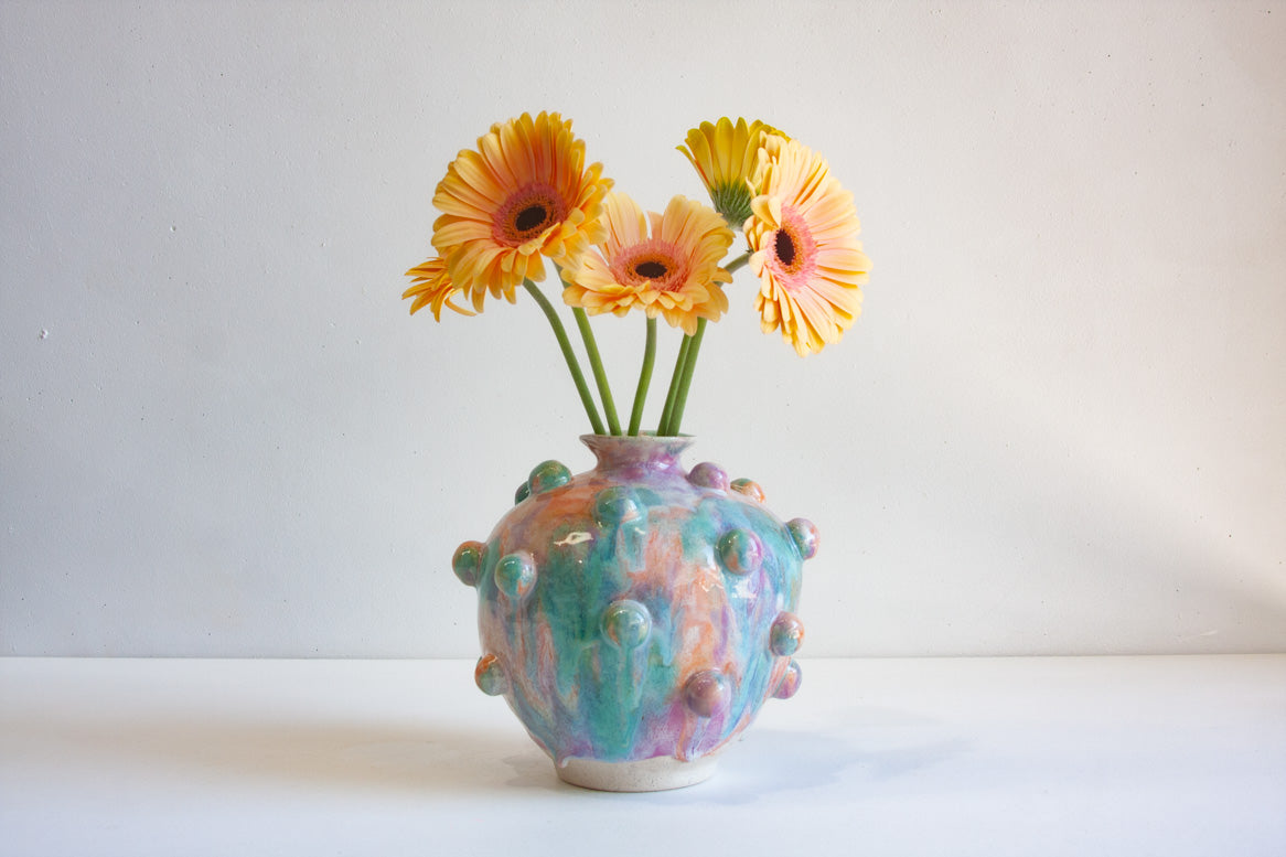 handmade ceramic sculptural green, peach and purple vase