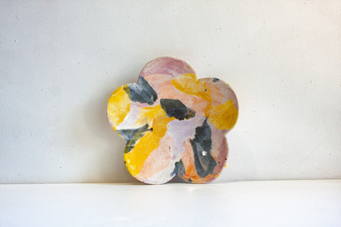 handmade ceramic yellow, purple, peach and purple flower shaped plate