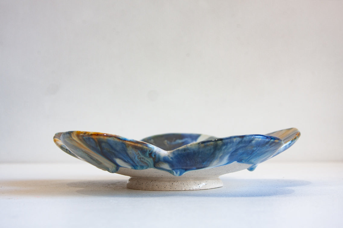 handmade ceramic footed blue flower shaped bowl