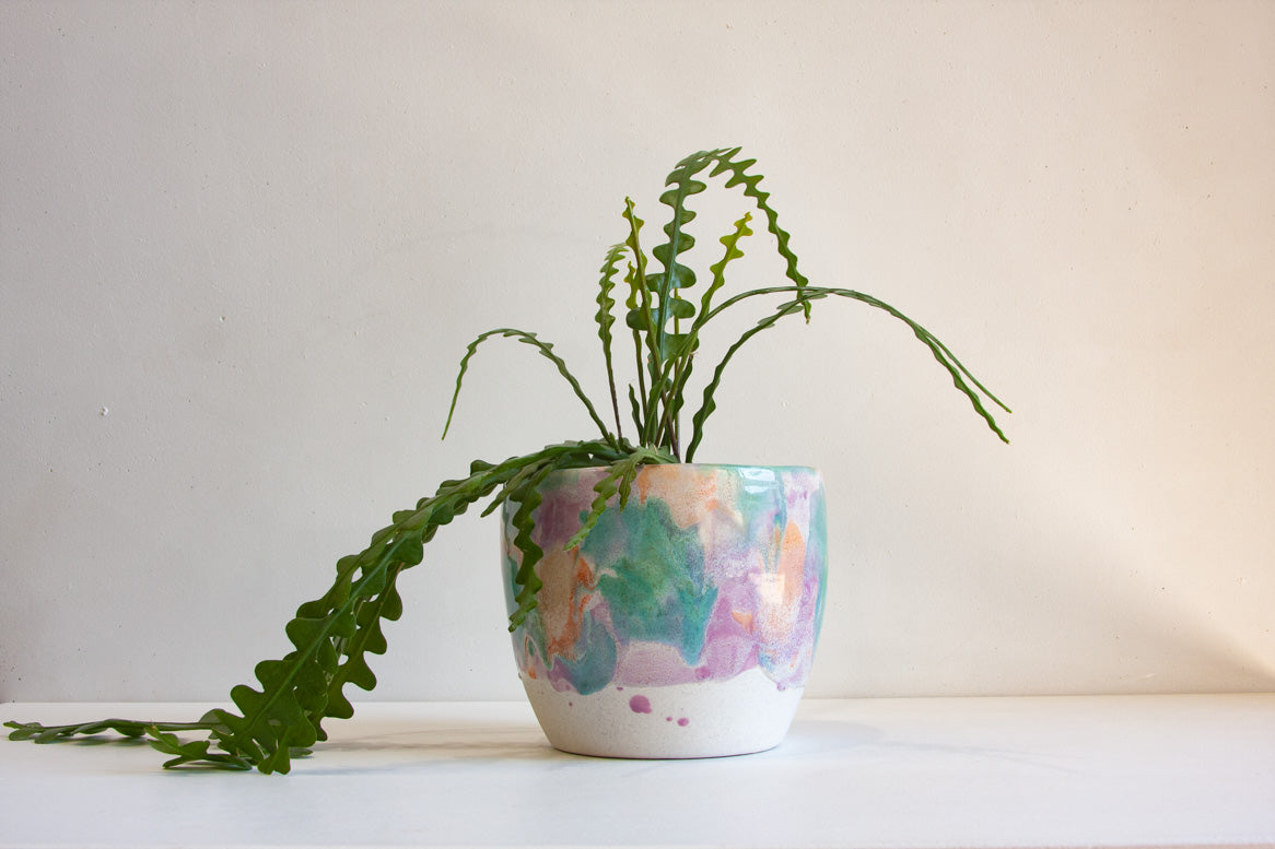 handmade ceramic large green, peach and purple planter