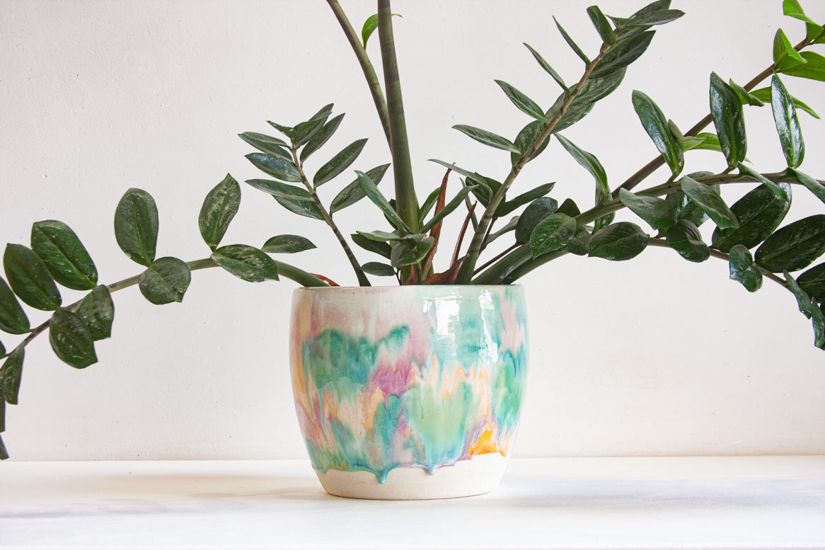 handmade large ceramic planter glazed in purple, green and peach drippy glaze
