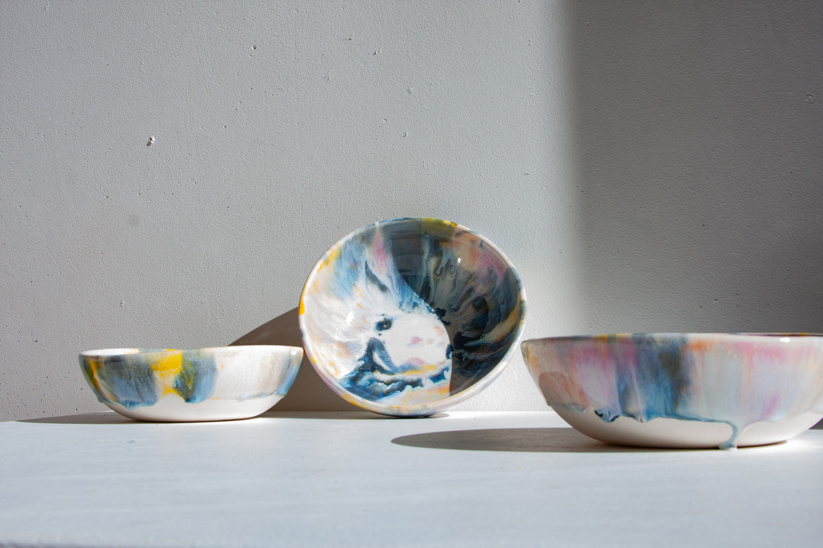 handmade ceramic purple, yellow, blue and white pasta bowl 