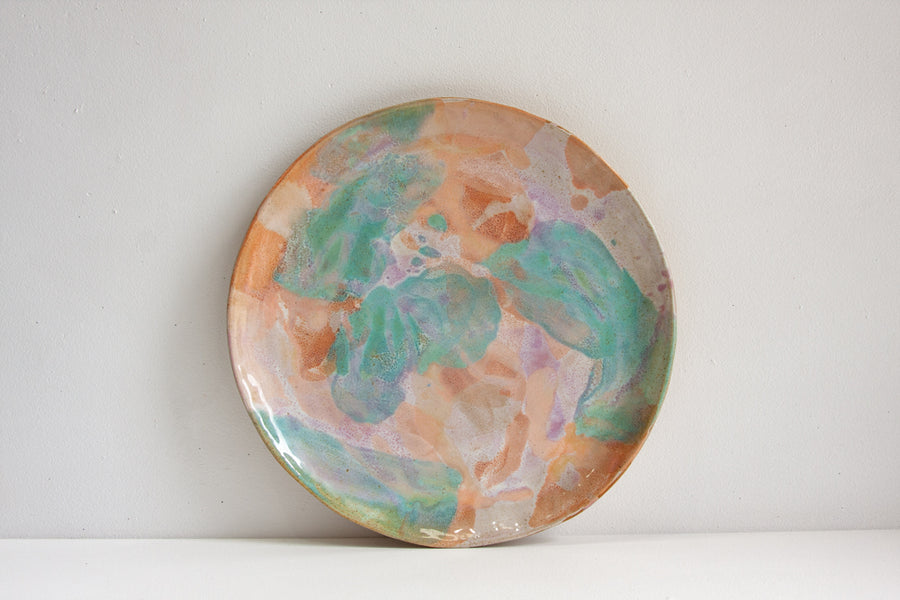 handmade ceramic large platter glazed in peach, purple and green