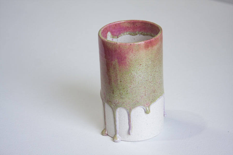 Handmade Ceramic Large Cylinder Vase - Moss Green & Pink