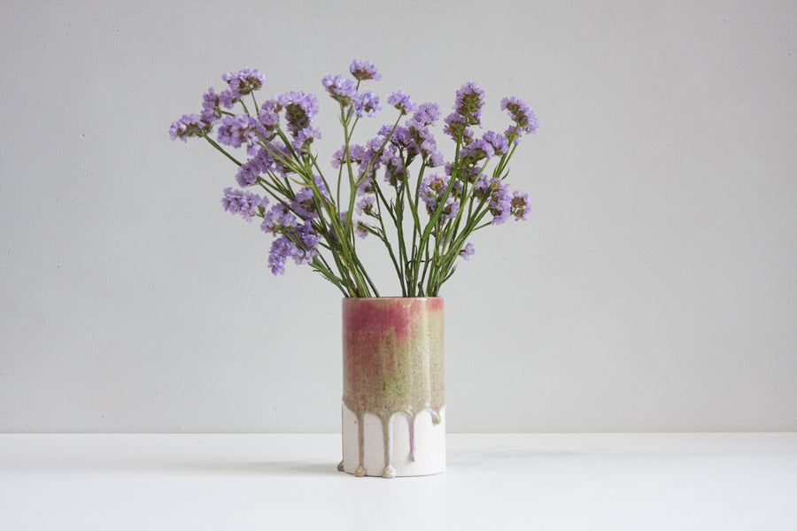 handmade ceramic pink and green drip glaze cylinder vase
