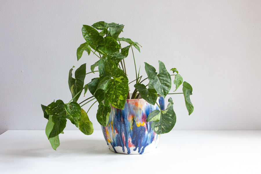 handmade ceramic large blue, orange yellow planter