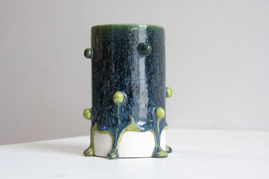 Handmade Ceramic Large Bauble Cylinder Vase - Dark Blue & Moss Green