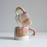 handmade ceramic green, pink and peach mug