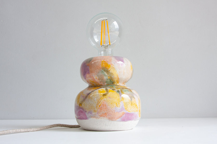 handmade ceramic purple, blue, peach and yellow table lamp