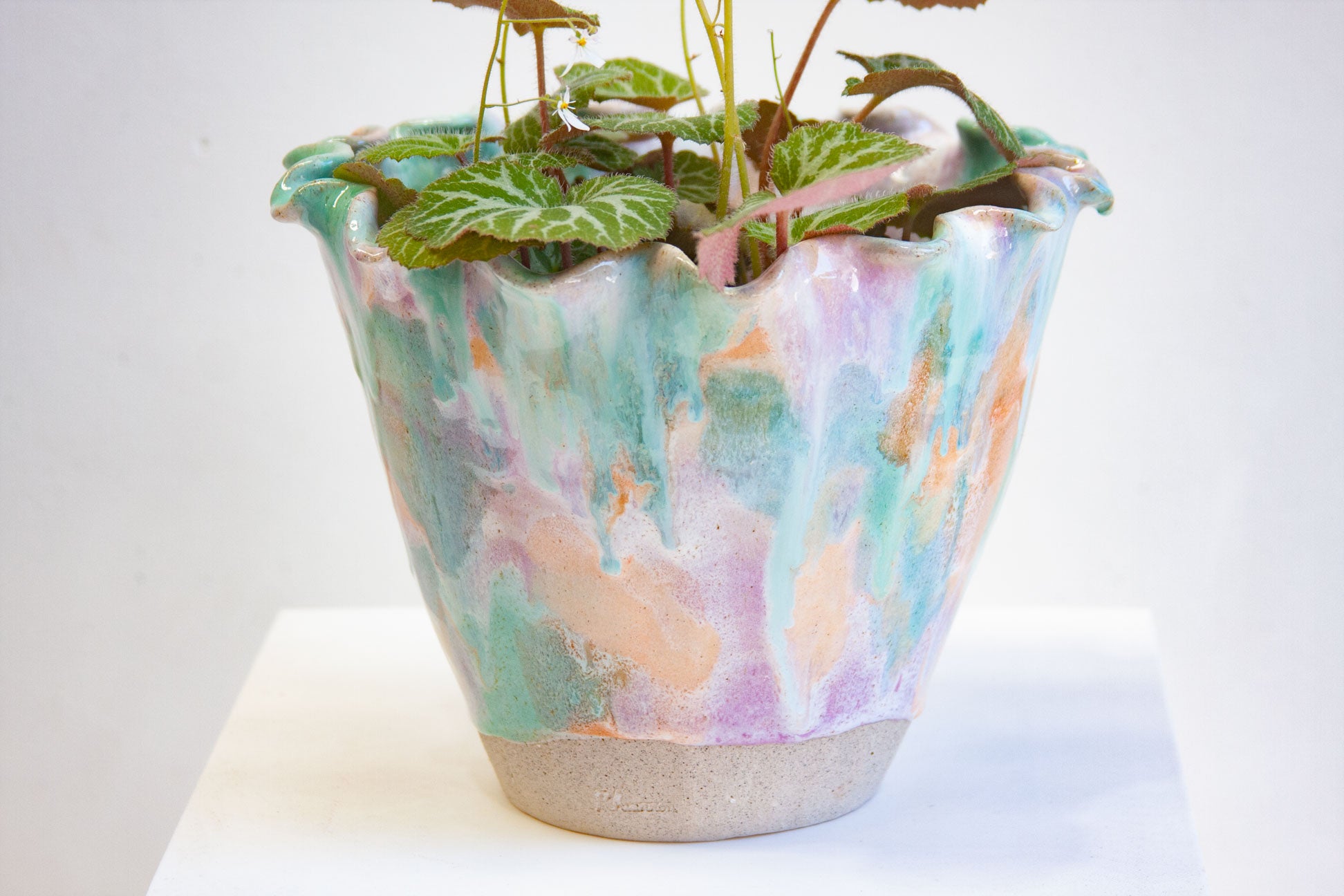 A handmade ceramic frill vessel on a white plinth holding a tall flowering stem, glazed in pastel purple, peach and green.