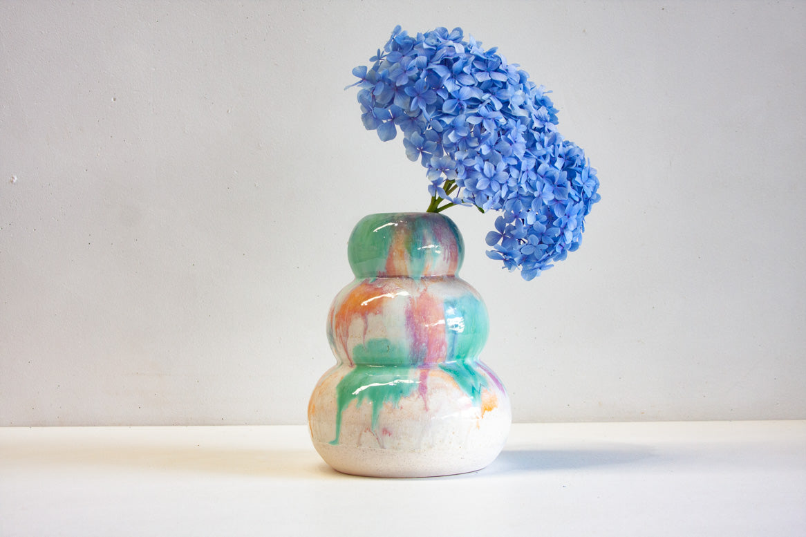 Handmade ceramic green, peach, purple and white sculptural.