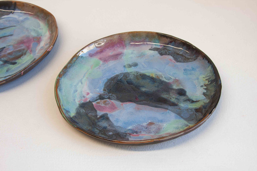 Handmade Ceramic Black Clay Platter - Pinks, Blues & Greens