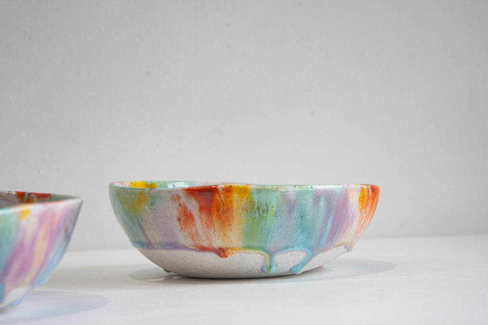 handmade ceramic purple, orange, green and yellow bowl