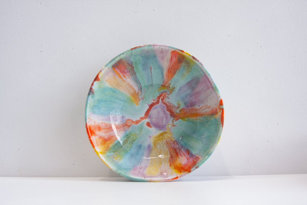 handmade ceramic purple, green, orange and yellow pasta bowl