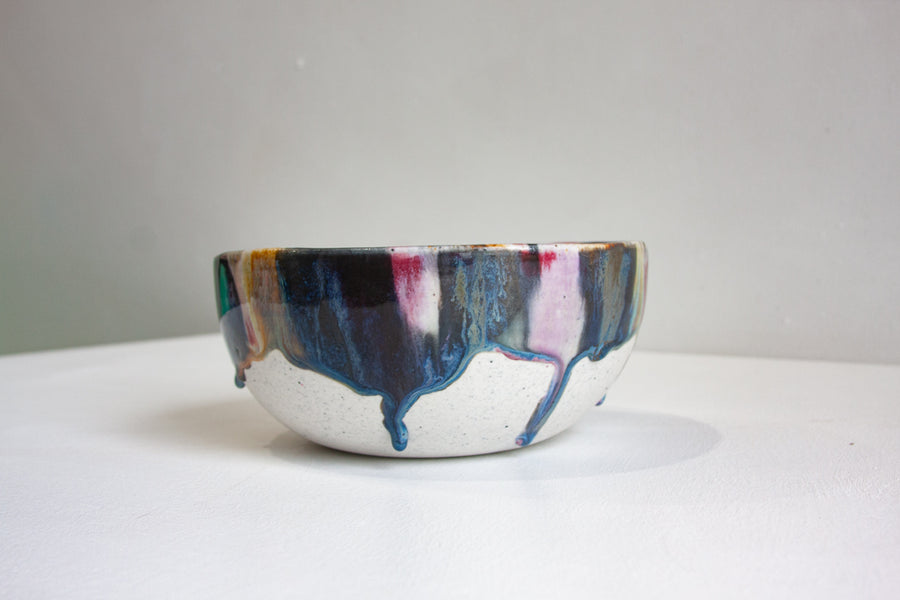 handmade ceramic dark blue, pink and brown seconds serving bowl