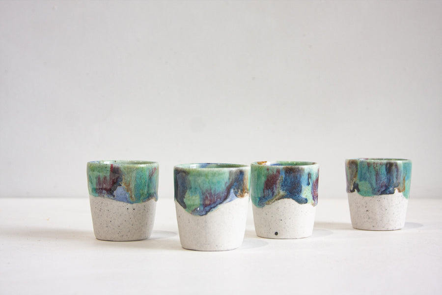 handmade ceramic blue, green, purple and brown espresso cup