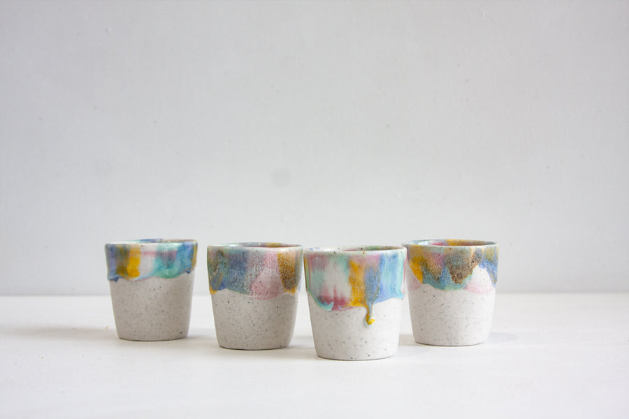 handmade ceramic pink, blue, yellow and green espresso cup