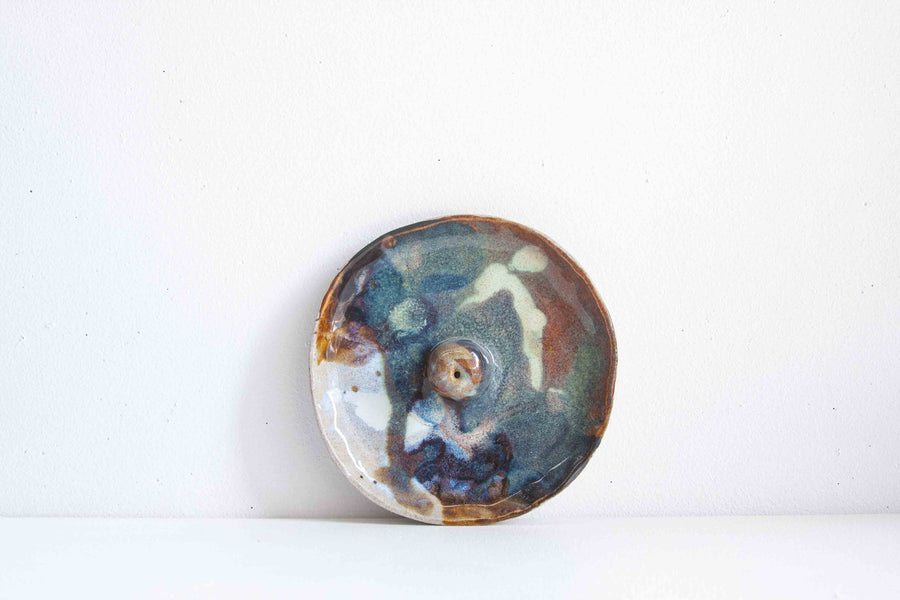 handmade ceramic deep blue and brown incense holder
