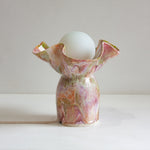 handmade ceramic table lamp glazed in pastel pink, green, peach and white
