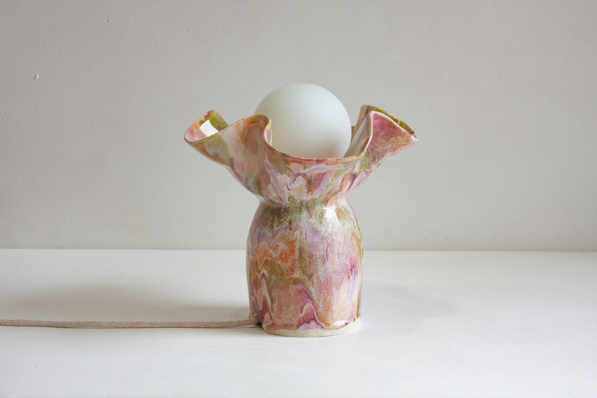handmade ceramic table lamp glazed in pastel pink, green, peach and white