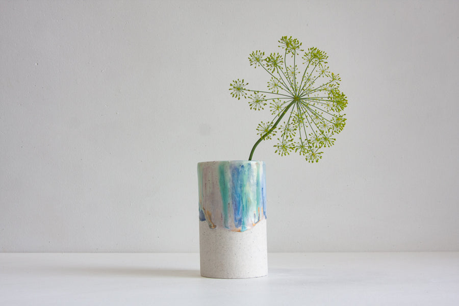 handmade ceramic blue, green, peach cylinder shaped vase