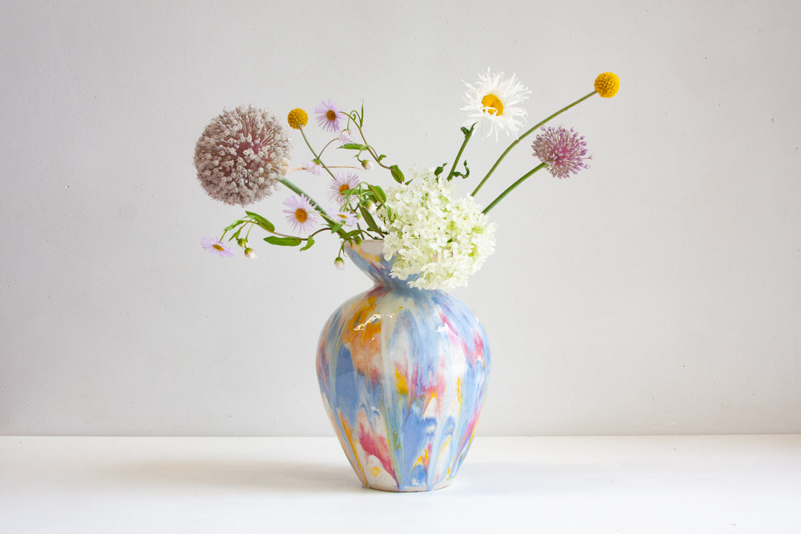 Handmade ceramic blue, yellow, pink, peach and white large vase