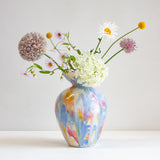Handmade ceramic blue, yellow, pink, peach and white large vase