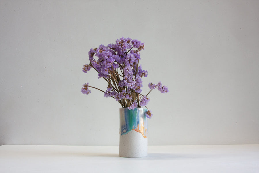 handmade ceramic blue, green and orange large cylinder vase