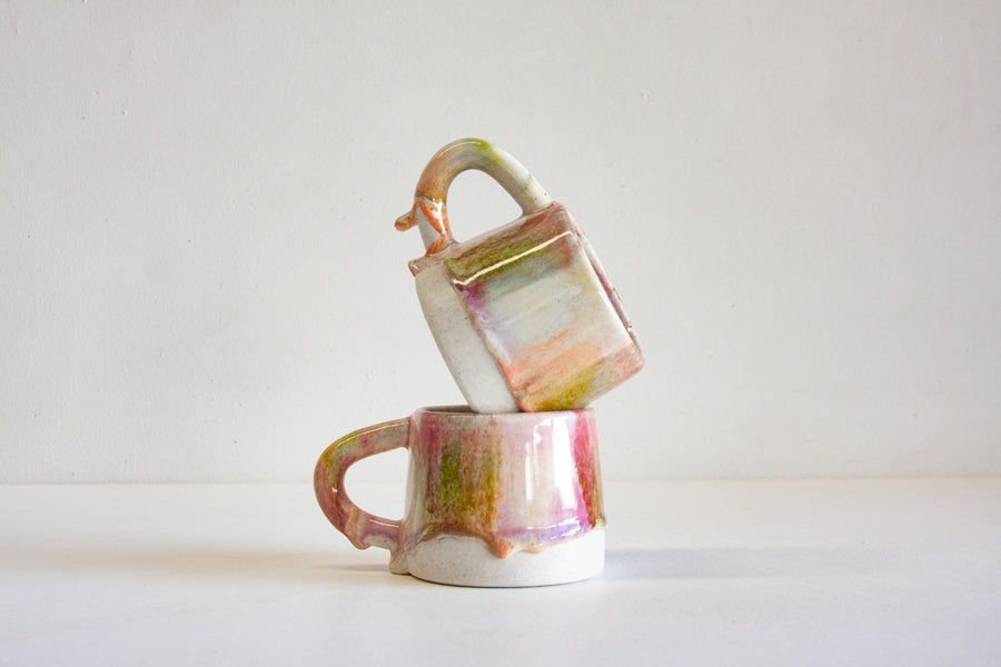 handmade ceramic green, pink and peach mug 