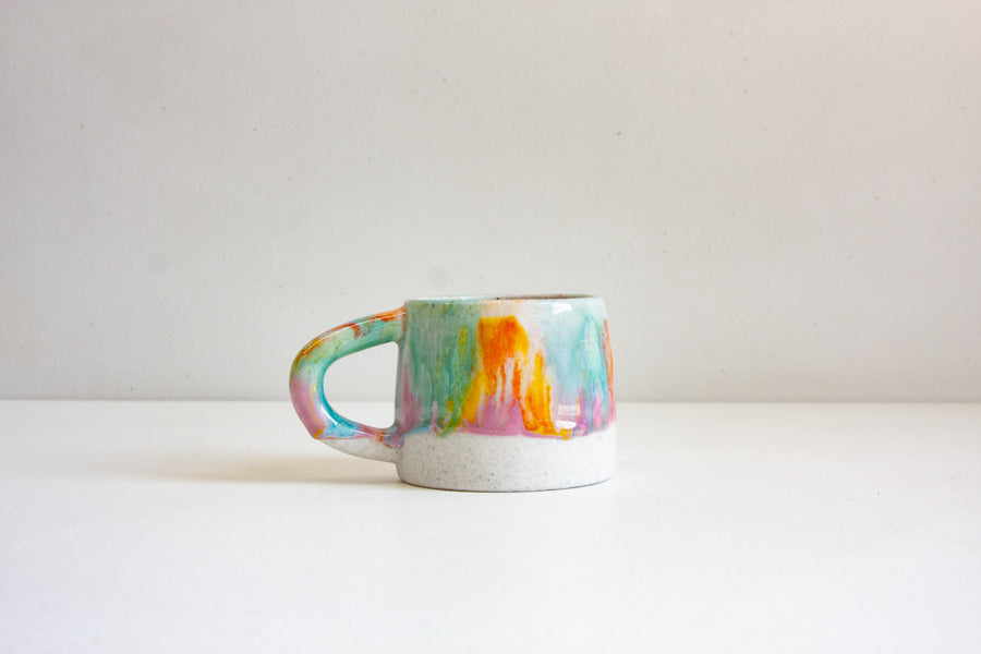 handmade ceramic purple, green, orange and yellow mug 