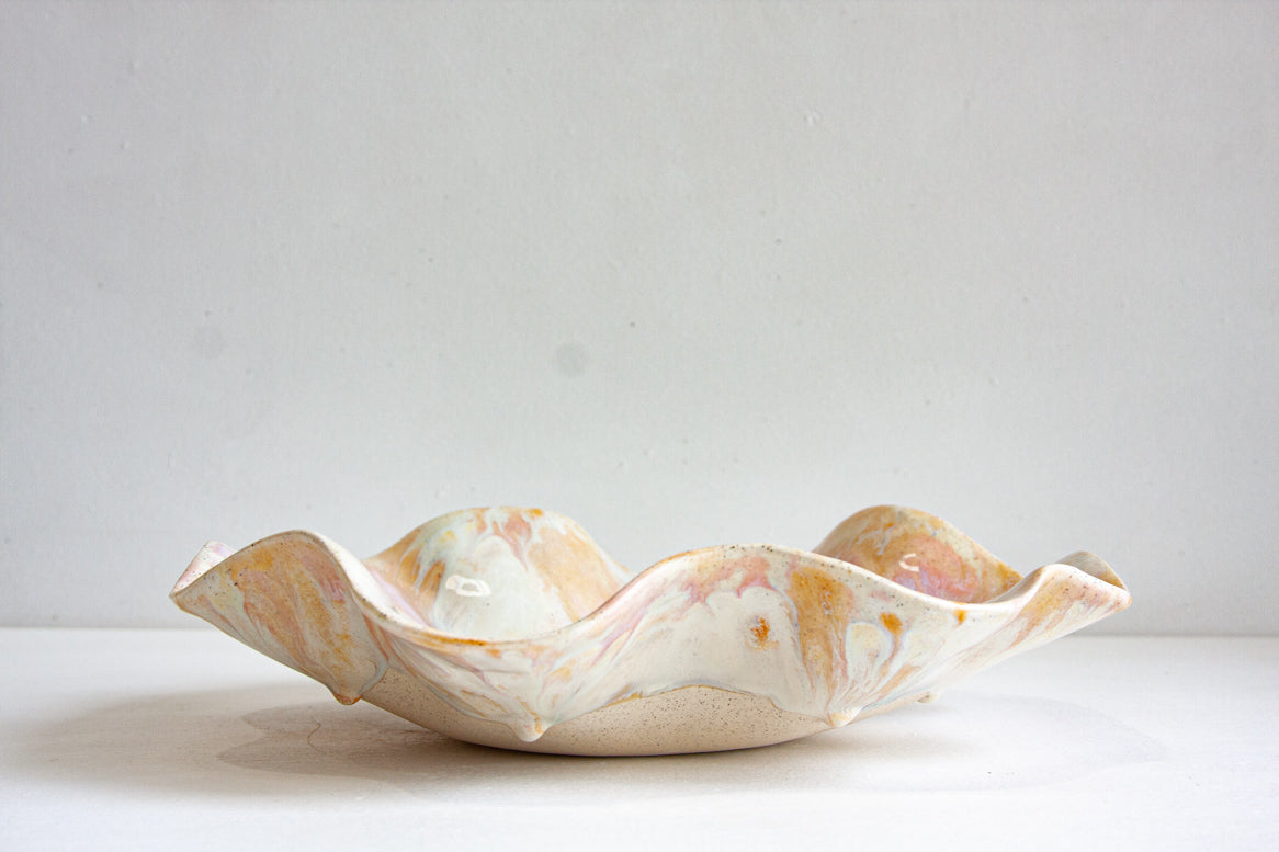 handmade ceramic large oyster shaped soft pink, cream and peach platter