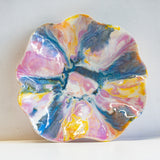 handmade ceramic sculptural oyster bowl glazed in purple, yellow, peach and blue
