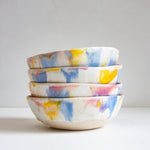 handmade ceramic pasta bowl, glazed in yellow, blue, peach and yellow
