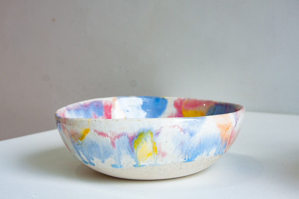 handmade ceramic pink, peach, yellow and white pasta bowl
