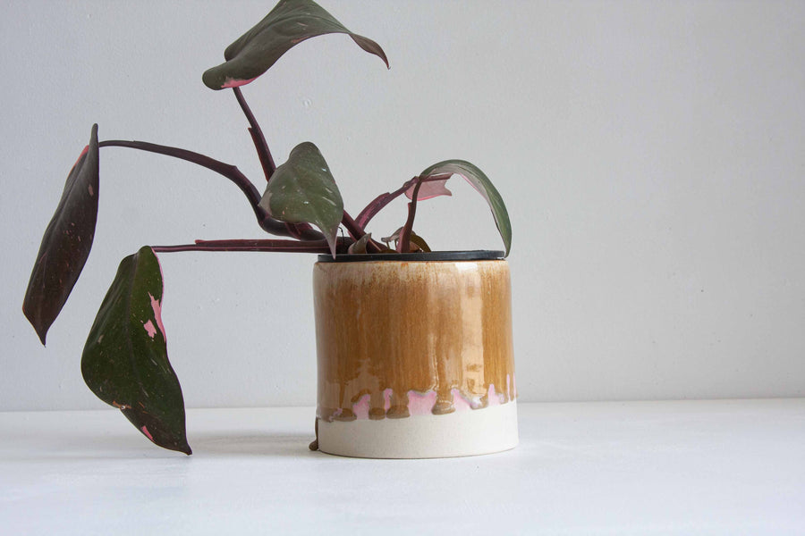 handmade pink and brown ceramic planter