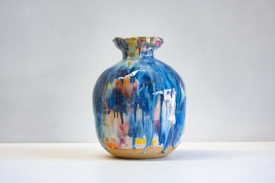 handmade ceramic blue, yellow, orange, pink seconds vase