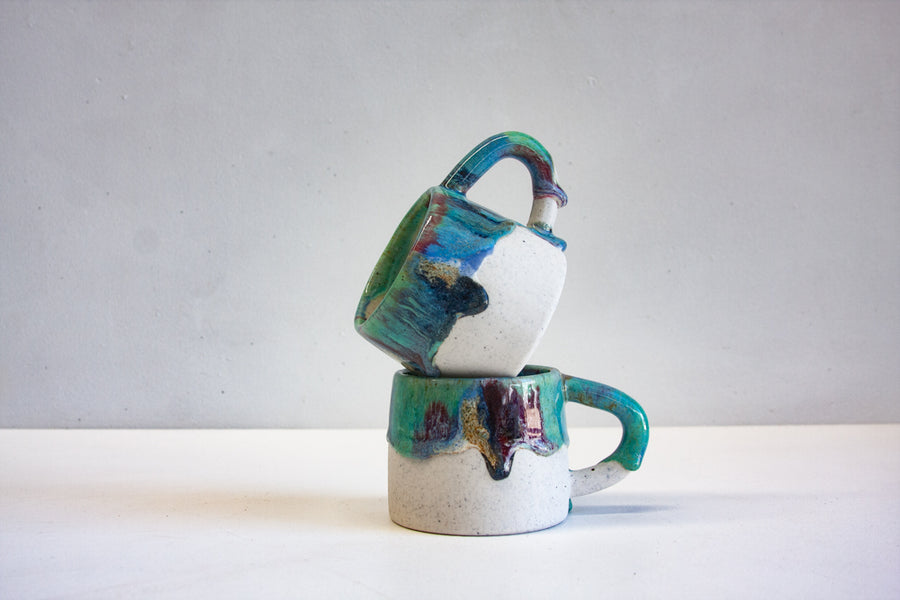 handmade ceramic blue, green, brown and pink seconds mug
