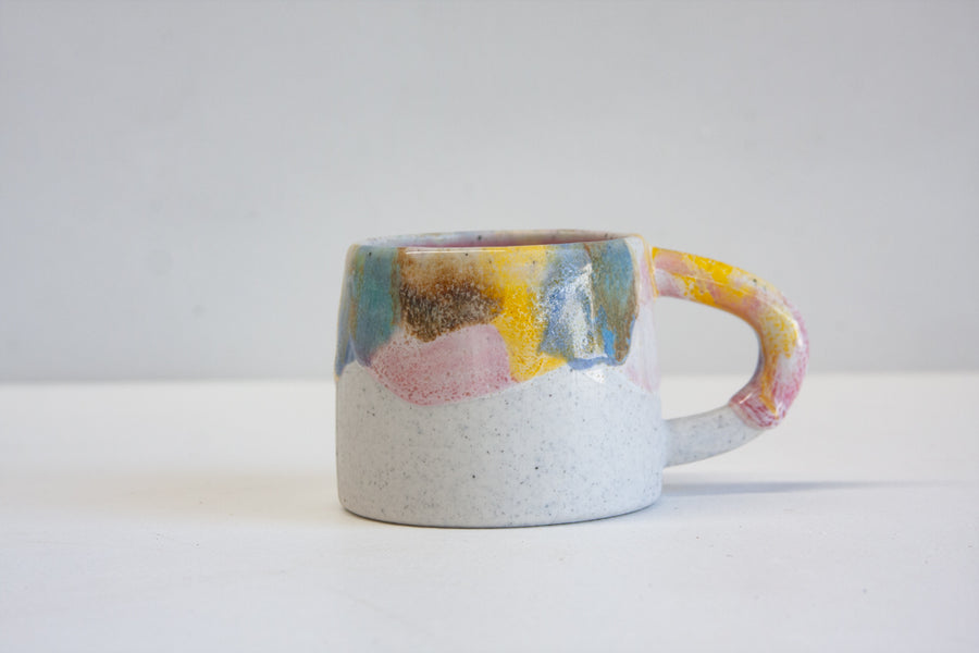 handmade ceramic pink, blue yellow mug