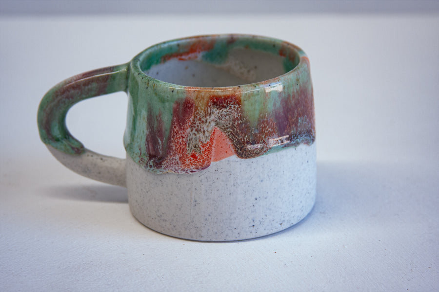 handmade ceramic green, orange, red and brown seconds mug