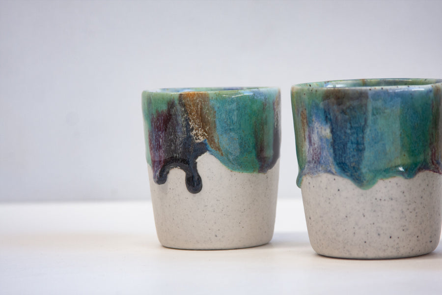 handmade ceramic blue, brown, pink seconds tumbler