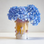 handmade ceramic bauble vase glazed in yellow and purple cylinder vase