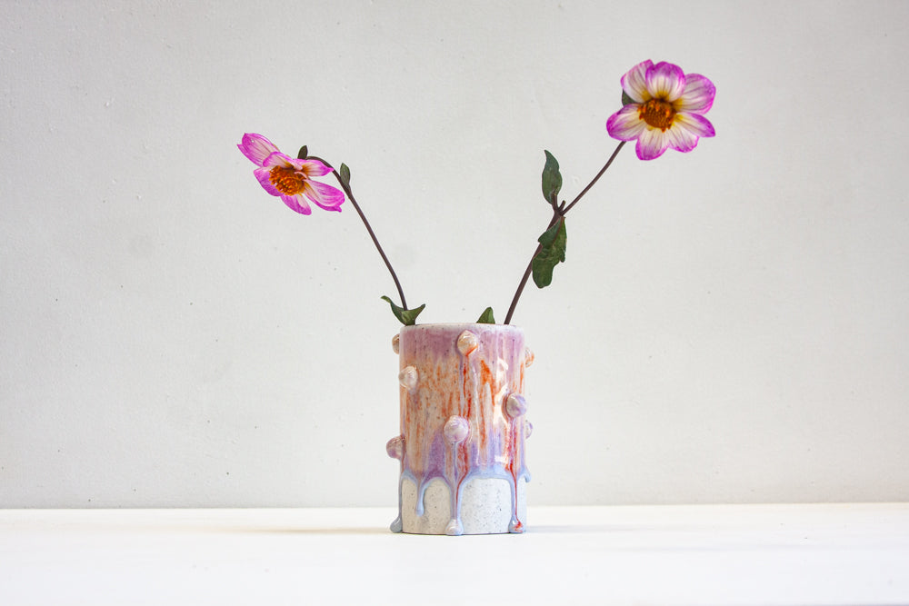 handmade ceramic purple and orange small cylinder vase with small decorative balls