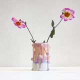 handmade ceramic purple and orange small cylinder vase with small decorative balls